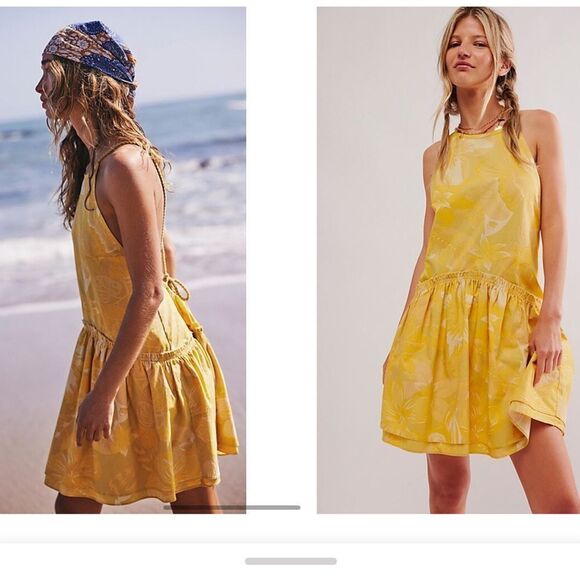 Free People Deserted Island Mini Dress in Yellow NWOT - Picture 2 of 11